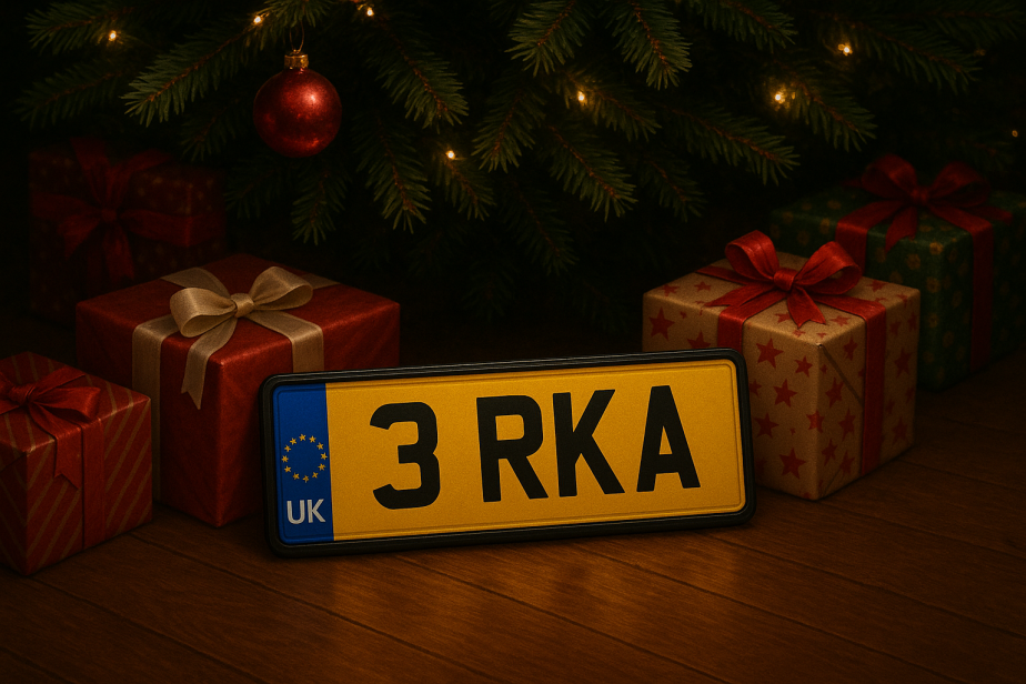 UK private number plate 3 RKA displayed under a Christmas tree with festive gifts and holiday decorations.